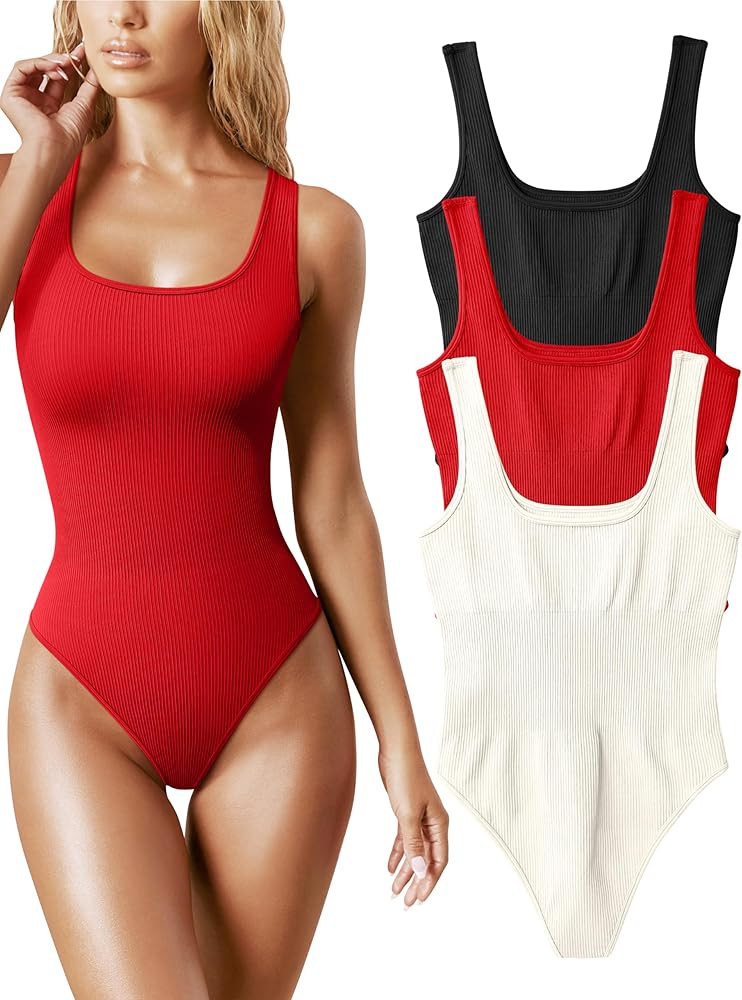 OQQ Women's 3 Piece Bodysuits Sexy Ribbed Sleeveless Square Neck Sleeveless Tank Tops Bodysuits | Amazon (US)