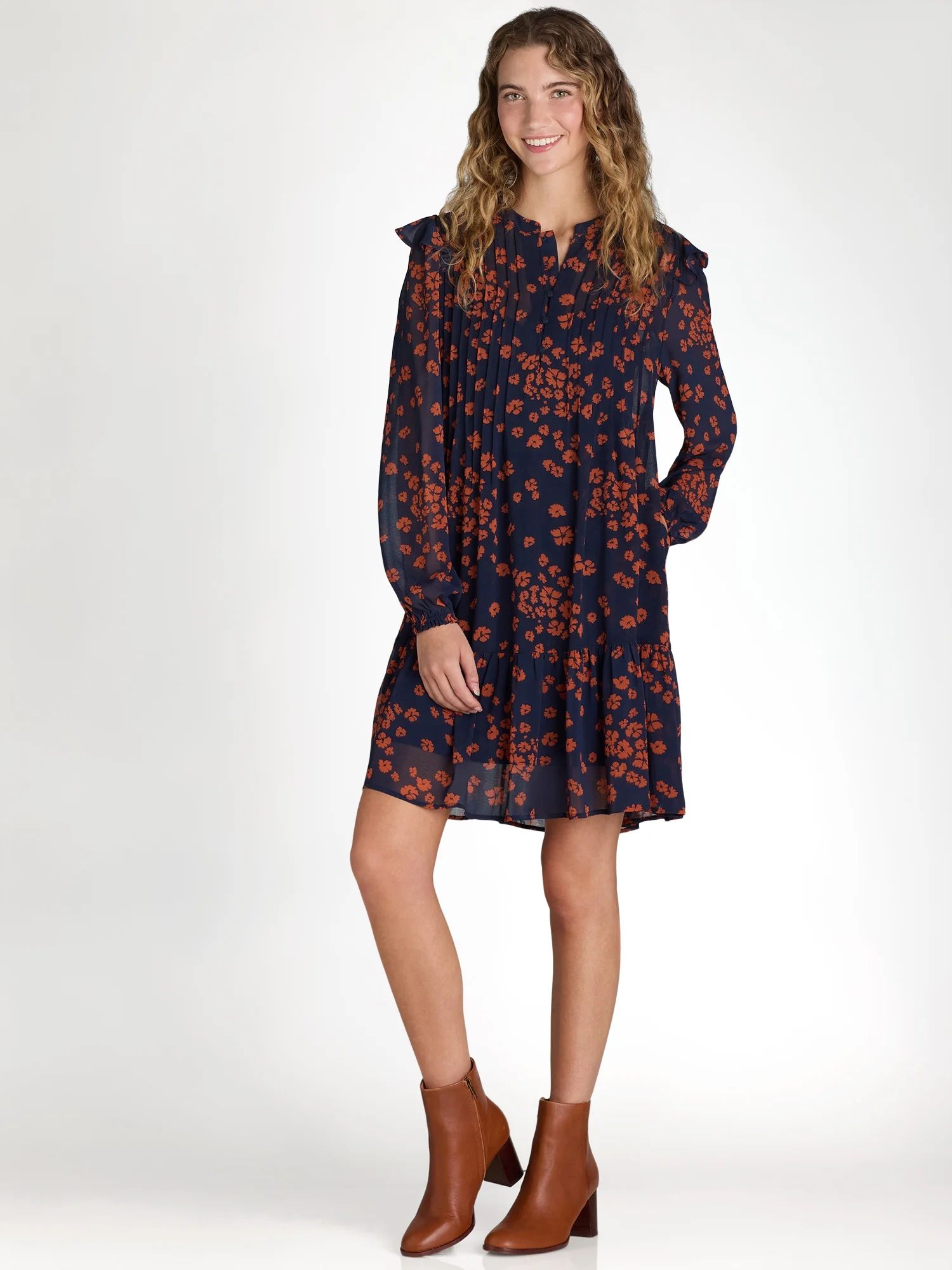 Time and Tru Women's Pintuck Mini Dress with Long Sleeves, Sizes XS-XXXL | Walmart (US)