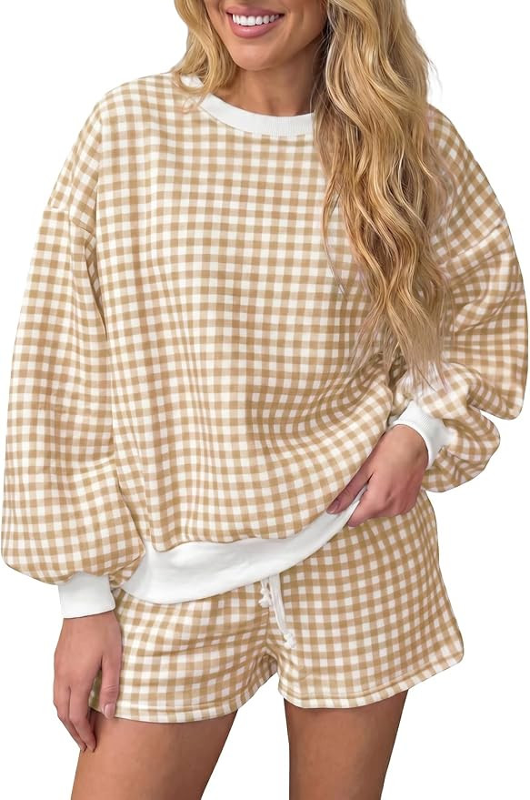 Fisoew Womens Gingham 2 Piece Outfits Loungewear Sweatshirt Shorts Sets | Oversized, Long Sleeve,... | Amazon (US)