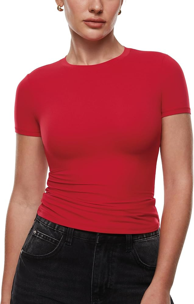 INLYRIC Women's Inbarely Ultra Short Sleeve Tops Crew Neck Double Lined Going Out Slim Fit T Shir... | Amazon (US)