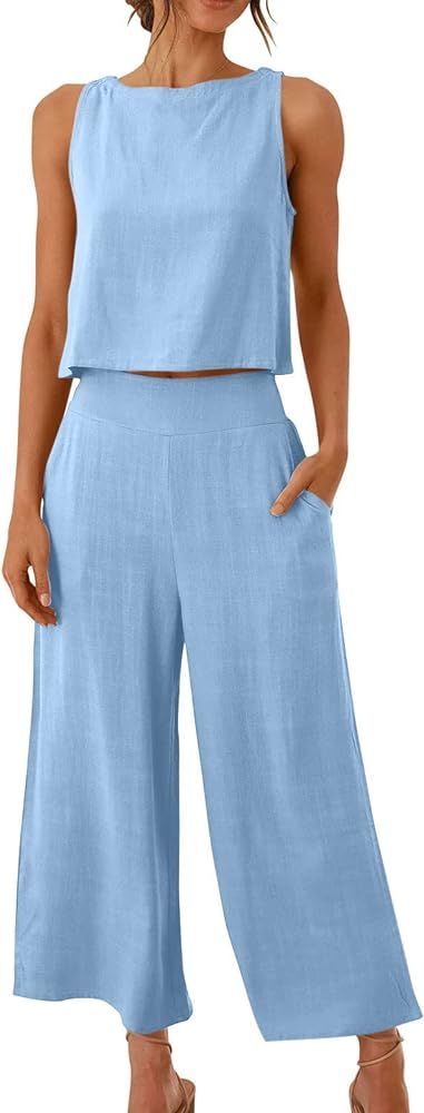 Summer Outfits for Women Two Piece Casual Outfit Cotton Linen Sets Sleeveless Crop Tank Wide Leg ... | Amazon (US)