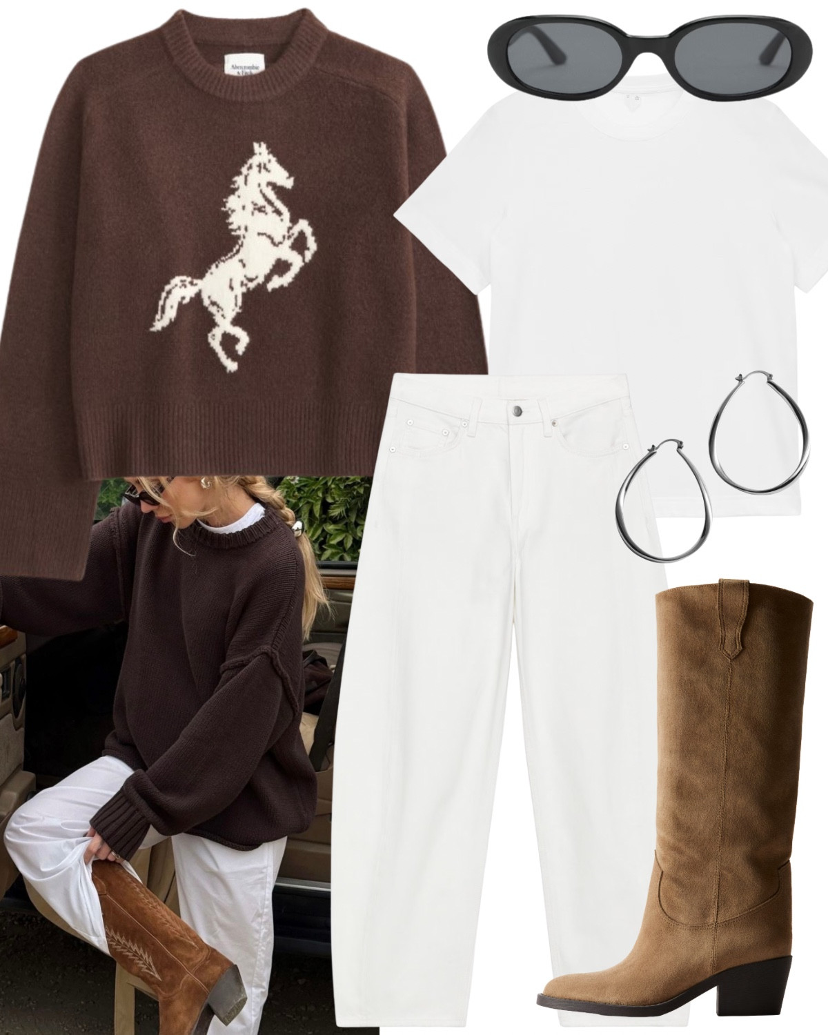 Ralph Lauren style for a fraction of the price! 

Brown knit jumper, logo knit jumper, white t-shirt, white barrel jeans, silver hoop earrings, brown suede cowboy boots, oval sunglasses




#LTKstyletip #LTKautumn #LTKjeans