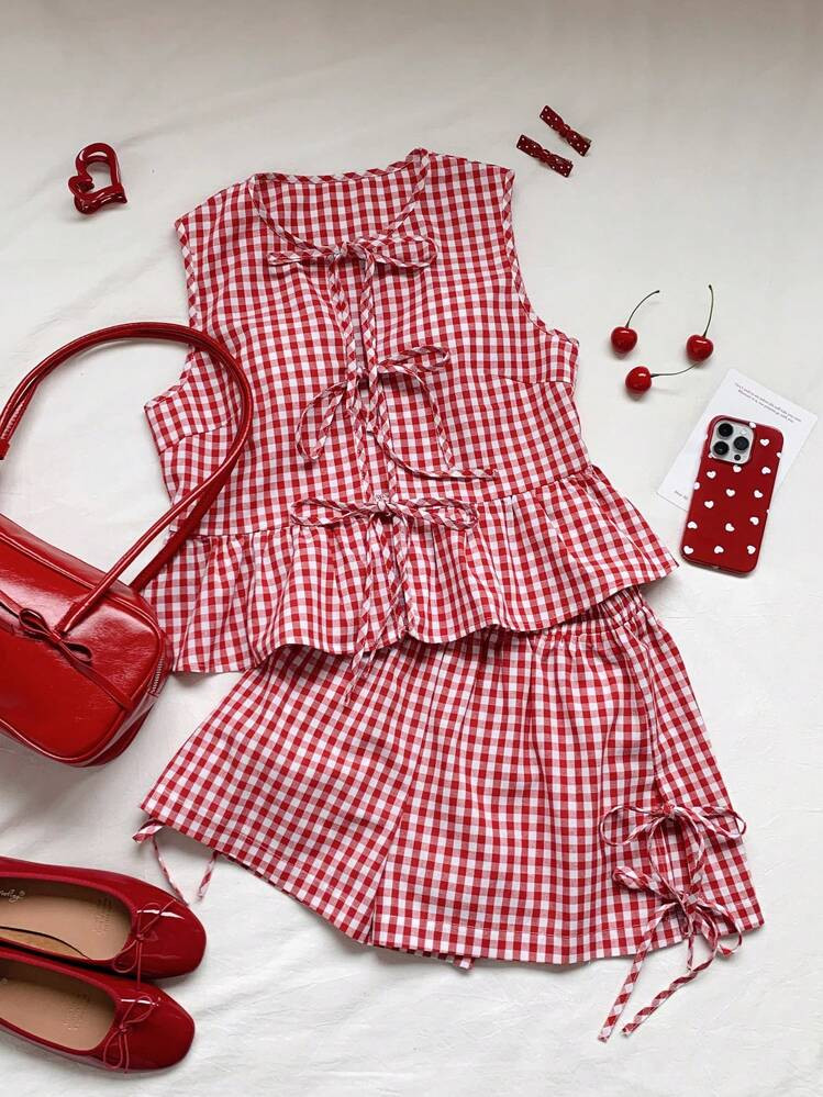 Comfortcana 2pcs Women Plaid Lace-Up Camisole And Shorts Clothes Set, Valentine's Day | SHEIN