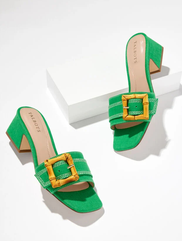 Kathryn Buckle Linen Block Heel Sandals - Hillside Green | Talbots