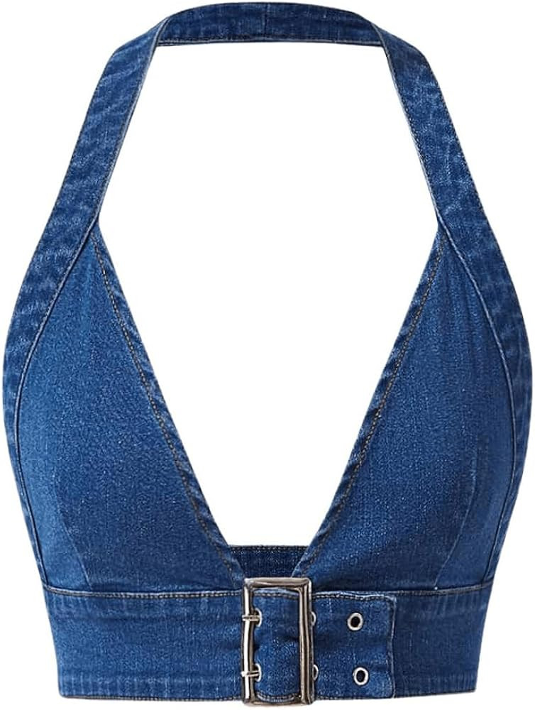 Women's Backless Denim Halter Crop Top Buckle Front Deep V Neck Slim Fit Jean Tops | Amazon (US)