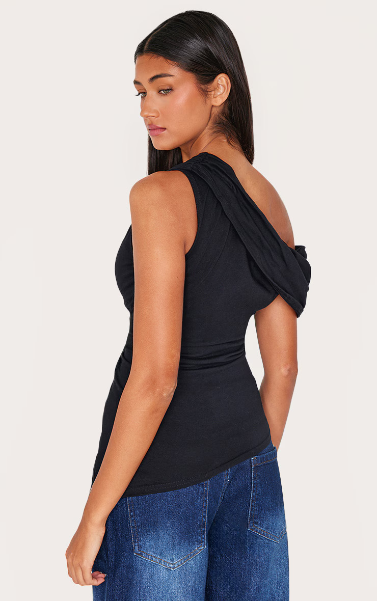 Black Fold Over Cotton Asymmetric Hem Long Top | PrettyLittleThing UK