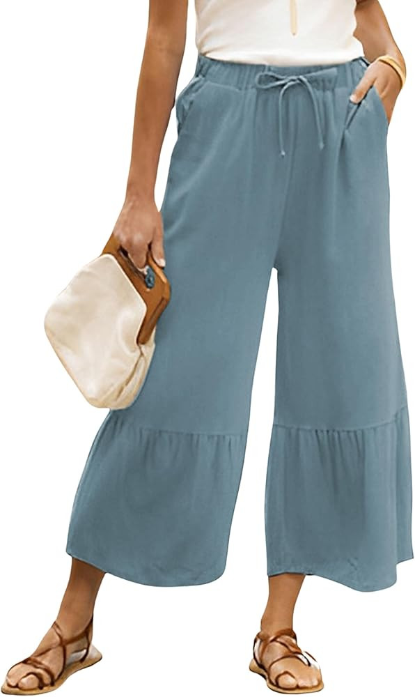 Himosyber Womens Cotton Wide Leg Cropped Pants Casual Drawstring Elastic Waisted Ruffle Hem Palaz... | Amazon (US)