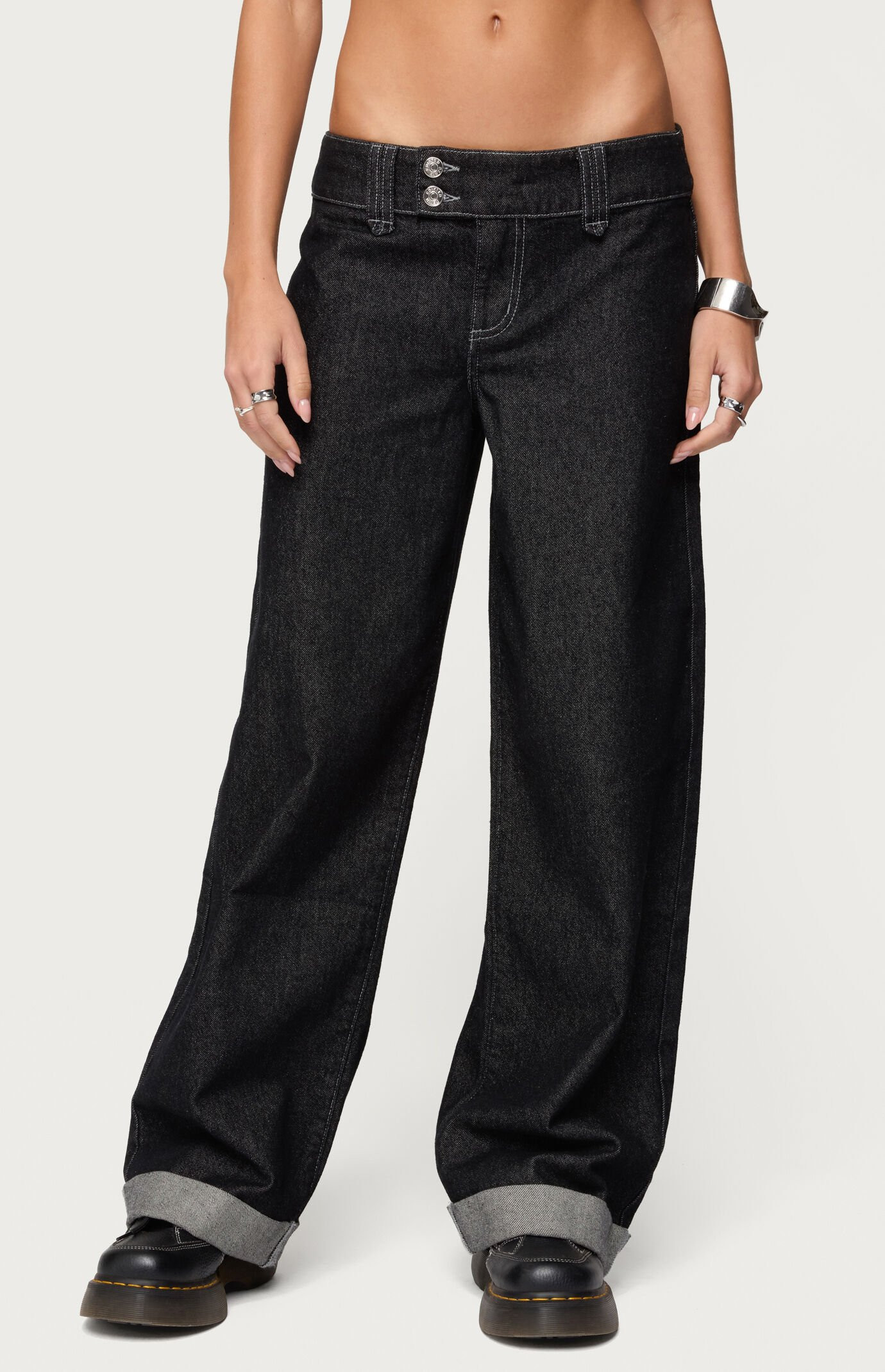 Edikted Women's Cuffed Low Rise Straight Leg Jeans in Washed Black - Size Medium | PacSun
