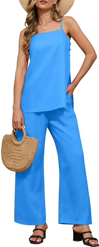 RUBZOOF Women's 2 Piece Lounge Sets 2025 Casual Summer Beach Jumpsuit Cami Top Wide Leg Pant Set ... | Amazon (US)