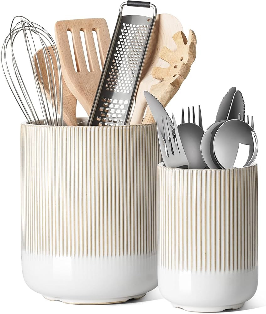 LE TAUCI Utensil Holder for Kitchen Counter, 7.3"+5.4" Fluted Ceramic Utensil Crock Organizer for... | Amazon (US)
