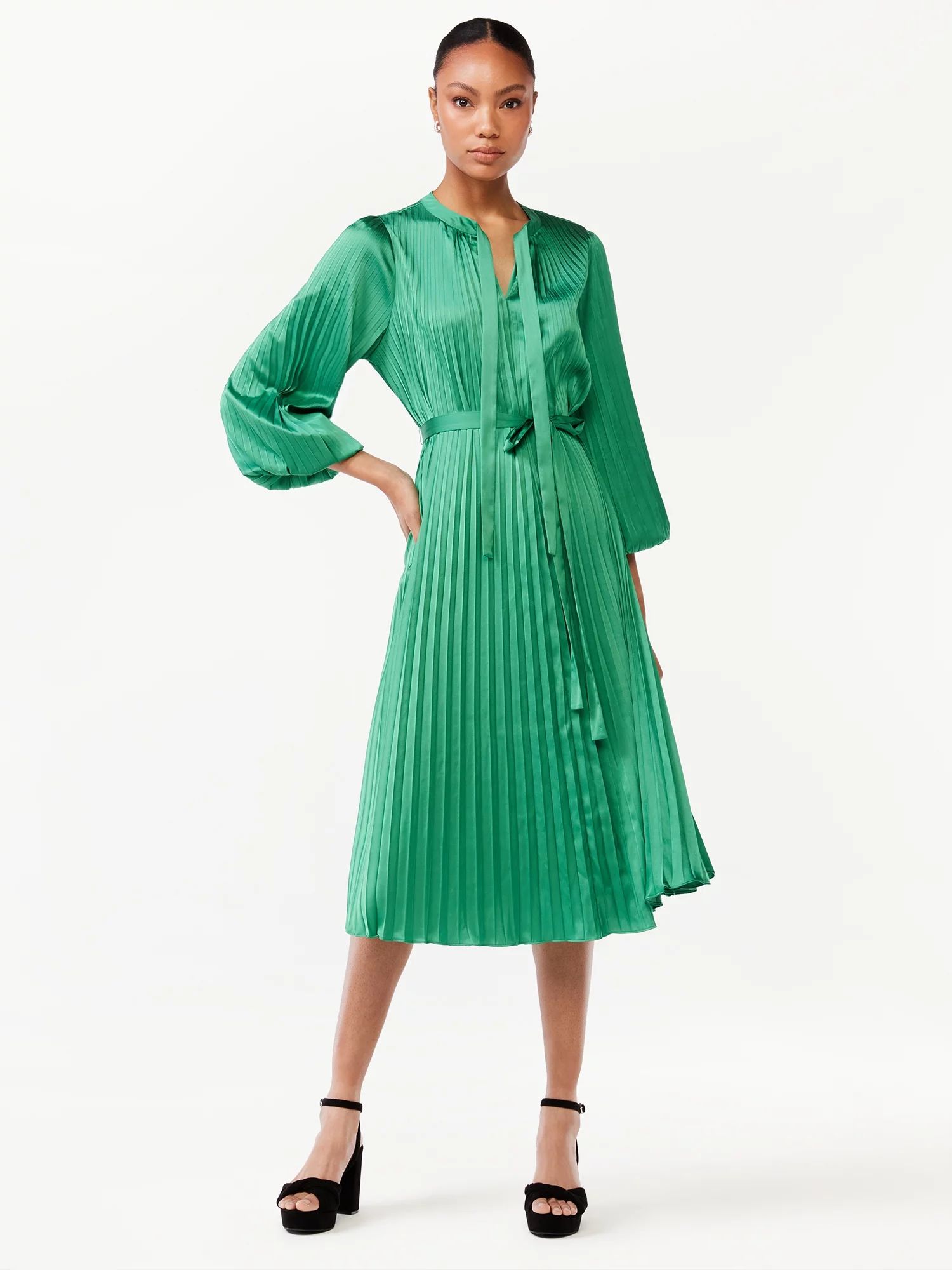 Scoop Women's Pleated Midi Dress with Blouson Sleeves - Walmart.com | Walmart (US)