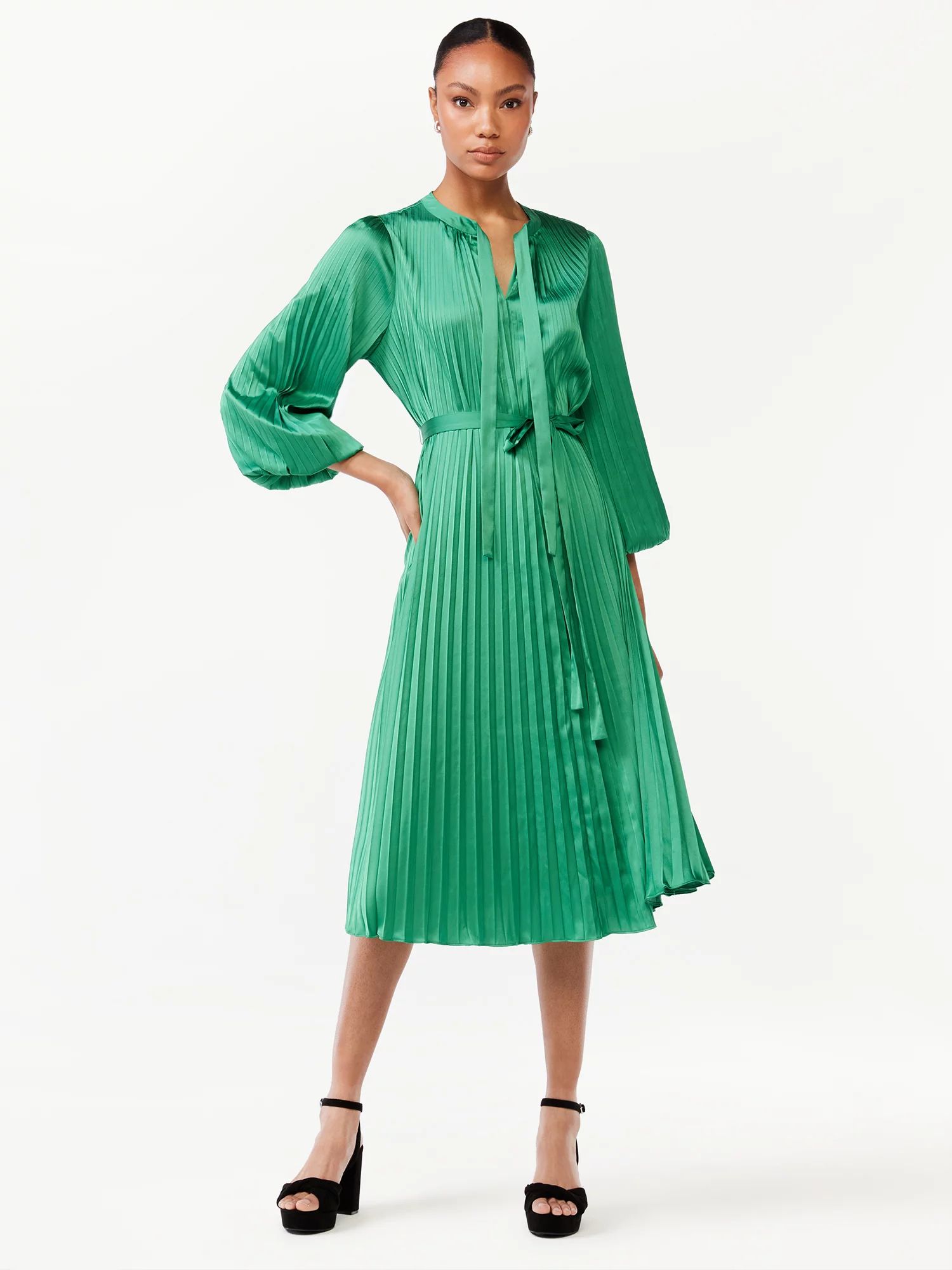 Scoop Women's Blouson Sleeve Belted Waist Pleated Oversized Midi Dress | Walmart (US)