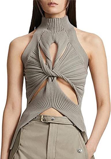 Women Sexy Cut Out Twist Front Tank Tops Hollow Out Mock Neck Knitted Sleeveless Top Tank Vest | Amazon (US)