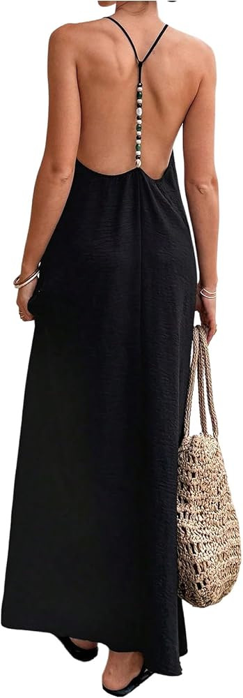 Verdusa Women's Backless Cami Dresses Linen Maxi Dress Beaded Sundress | Amazon (US)