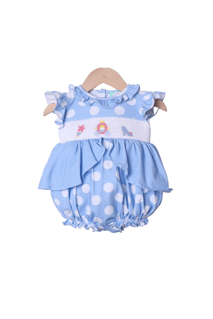 Smocked Princess Carriage Blue Polka Dot Bubble | The Smocked Flamingo