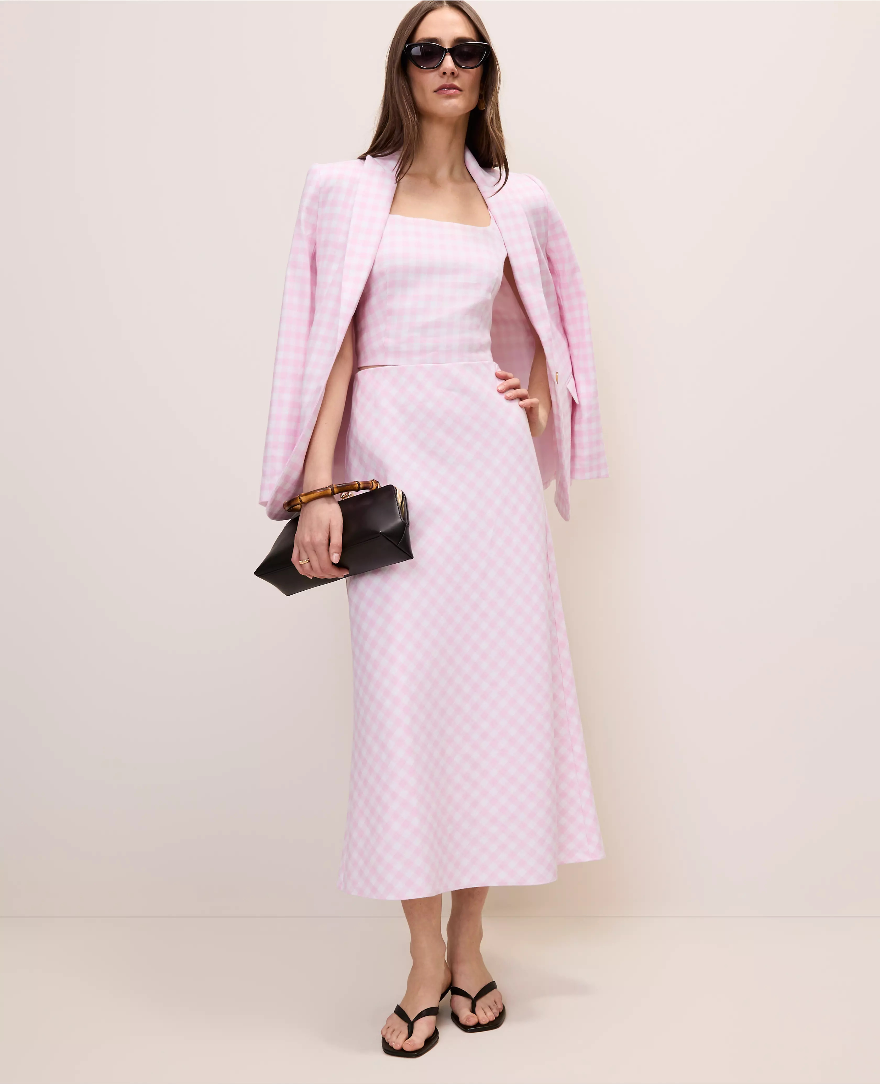 Gingham Linen Blend Midi Slip Skirt | Ann Taylor