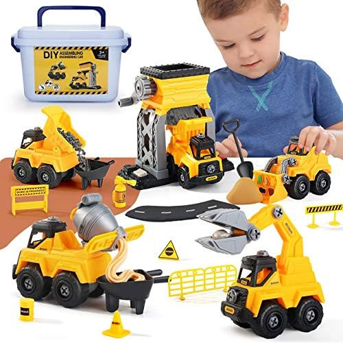 TEMI Construction Toys, 25 PCS Construction Trucks Take Apart Vehicle Toys w/ Sand, playdough, 4 ... | Amazon (US)