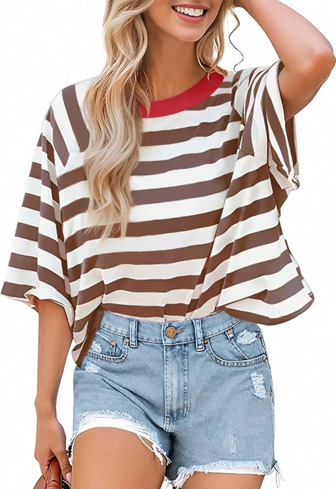 UEU Womens Summer Striped Tops Crewneck Crop T Shirts Color Block Short Sleeve Casual Loose Basic... | Amazon (US)