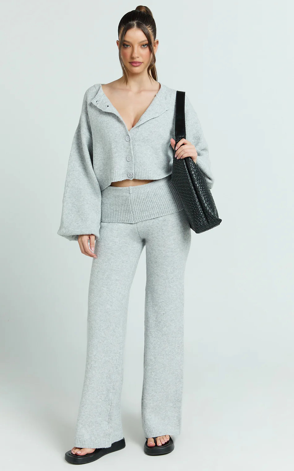 Ebony Two Piece Top and Pants Set - Knitted Crop Cardigan and Pants Set in Light Grey | Showpo (US, UK & Europe)