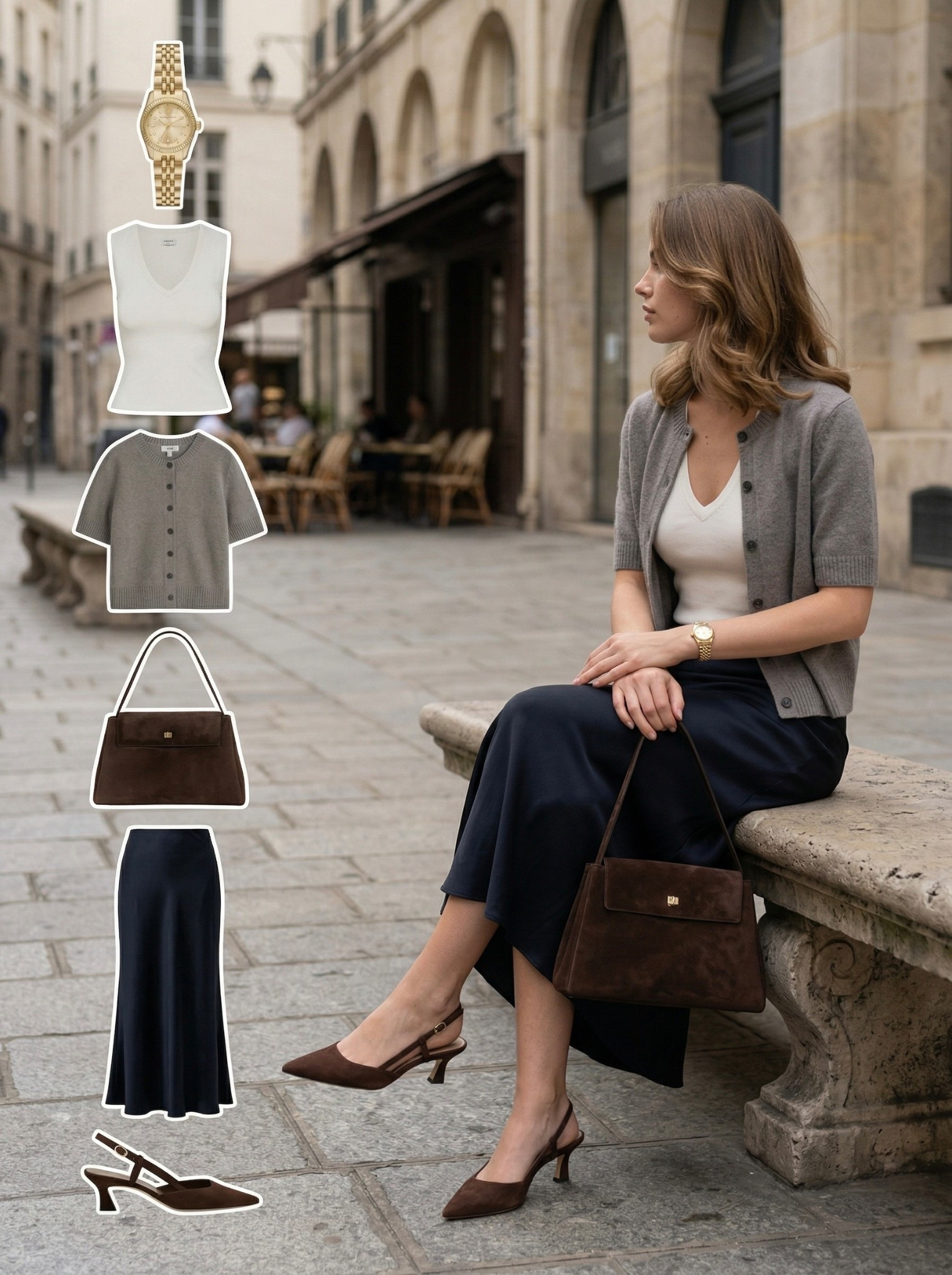 ☕️ Understated Elegance in Soft Neutrals ☕️

A timeless, quietly sophisticated look built on soft contrasts and fluid silhouettes. The lightweight grey cardigan adds a refined layer over a fitted ivory knit, creating a clean and balanced top half.

The navy satin midi skirt introduces subtle movement and richness, perfectly complemented by deep brown accessories that add warmth and depth.

✨ Style Details:
• Soft grey cardigan for a polished, effortless layer  
• Ivory knit top for a clean, minimal base  
• Navy satin midi skirt for fluid elegance  
• Brown slingback heels for a refined finish  
• Structured brown bag for warmth and cohesion  
• Gold watch for a classic, luxe detail  

Chic, minimal, and effortlessly refined 🤍

#LTKStyle #LTKMinimal #LTKChic

#LTKgrwm #LTKSeasonal #LTKootd