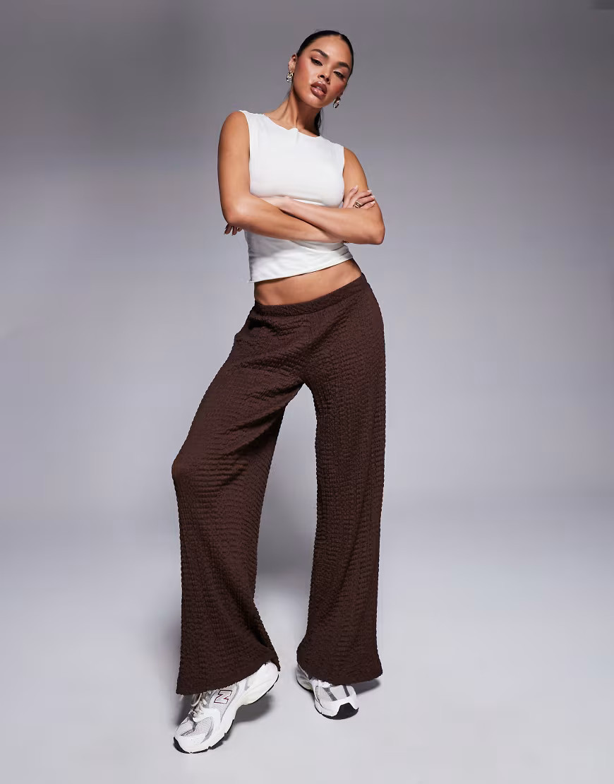 ASOS DESIGN textured wide leg pull on trousers in brown | ASOS (Global)