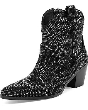 Women's Western Sparkly Rhinestone Cowboy Cowgirl Ankle Boots Bling Sequin Shoes Chunky Low Heel ... | Amazon (US)