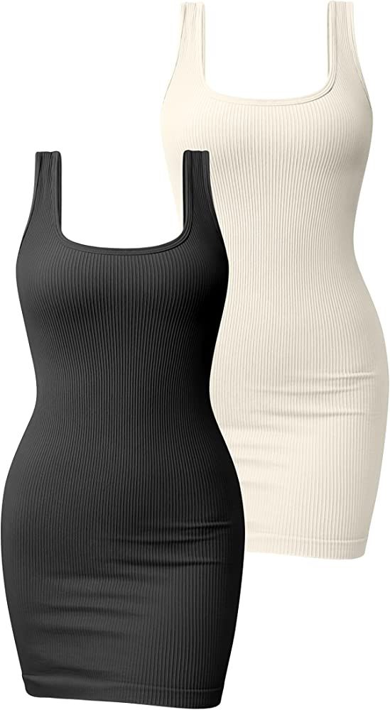 OQQ Women's 2 Piece Dresses Ribbed Sleeveless Square Neck Tank Tops Mini Dress | Amazon (US)