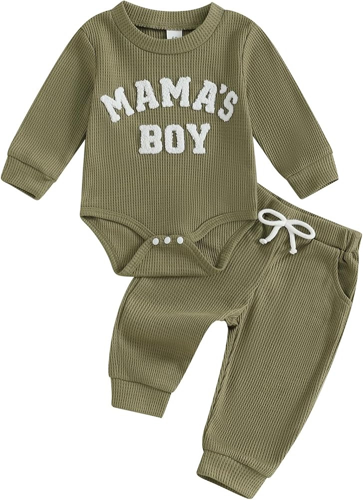 MERSARIPHY Newborn Baby Boy Fall Winter Clothes Mama's Boy Little Dude Outfit Embroidery Waffle K... | Amazon (US)