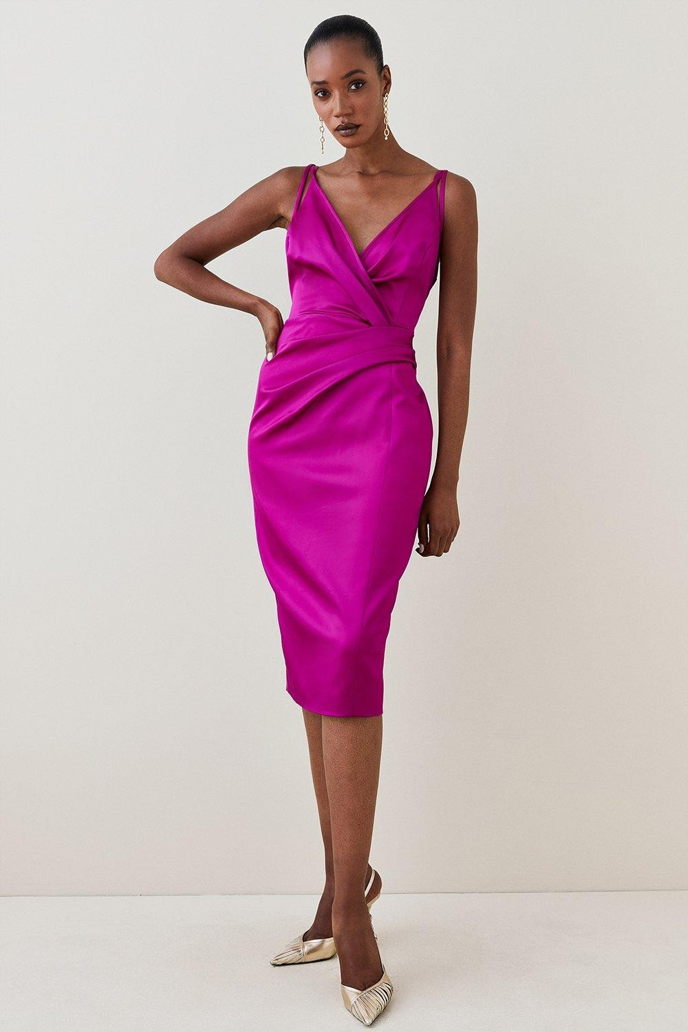 Italian Structured Satin Strappy Midi Dress | Karen Millen US