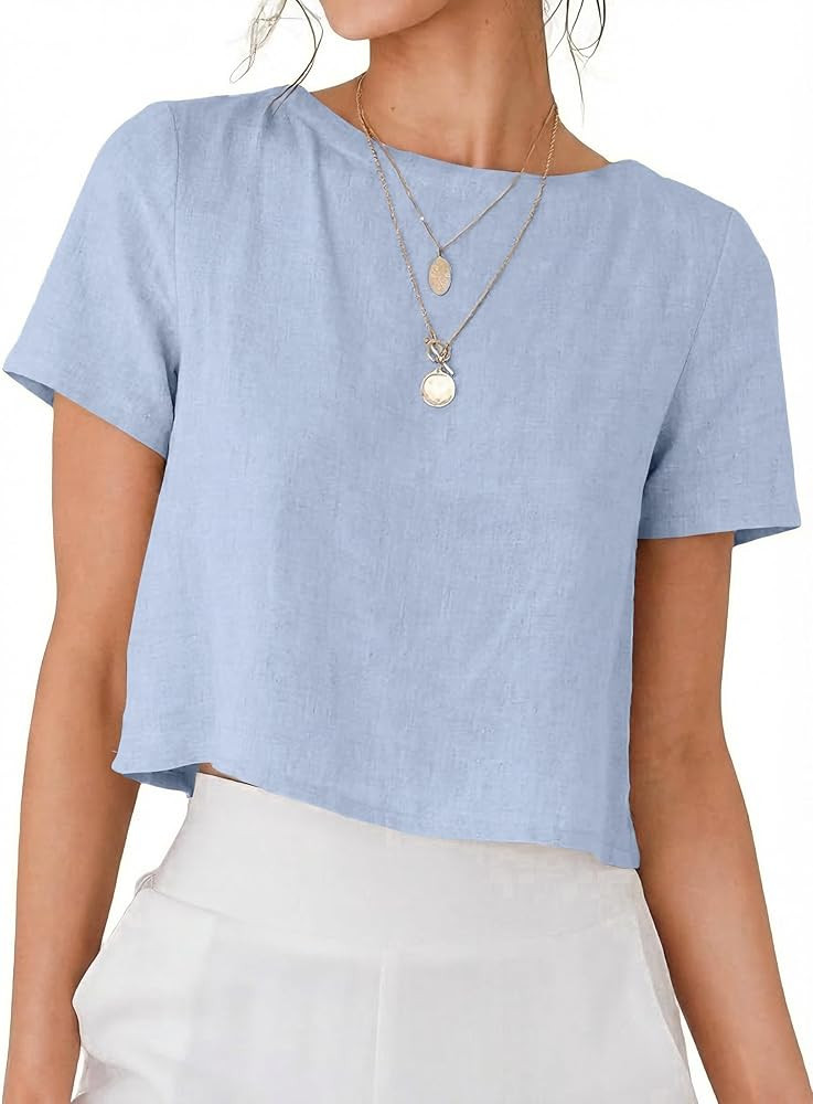 IDEALSANXUN Womens Short Sleeve Linen Shirts Casual Spring Summer Crewneck Cute Crop Beach Blouse... | Amazon (US)