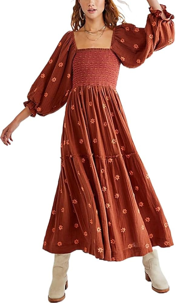 Women Bohemian Embroidered Floral Dress 2023 Casual Puff Long Sleeve Maxi Dresses Boho Flowy Ruff... | Amazon (US)