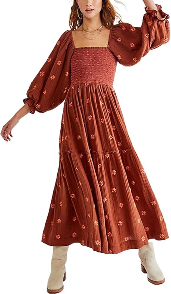Women Bohemian Embroidered Floral Dress 2024 Casual Puff Long Sleeve Maxi Dresses Boho Flowy Ruff... | Amazon (US)