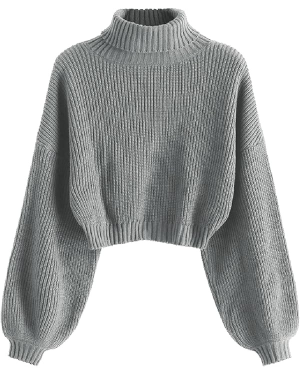 ZAFUL Women's Crew Neck Long Sleeve Pullover Crop Sweater Mock Neck Lantern Sleeve Ribbed Knit Ju... | Amazon (US)