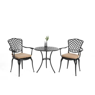 Outdoor Bistro Table And Chairs 3 Piece, Cast Aluminum, Strong , Rust Proof, Black Cushion For Garden Patio , Piece , Weather Resistance, With Backyar | Wayfair North America