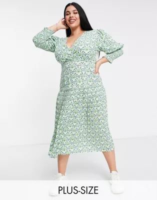 Never Fully Dressed Plus puff sleeve pleated midaxi dress in green geo print | ASOS (Global)