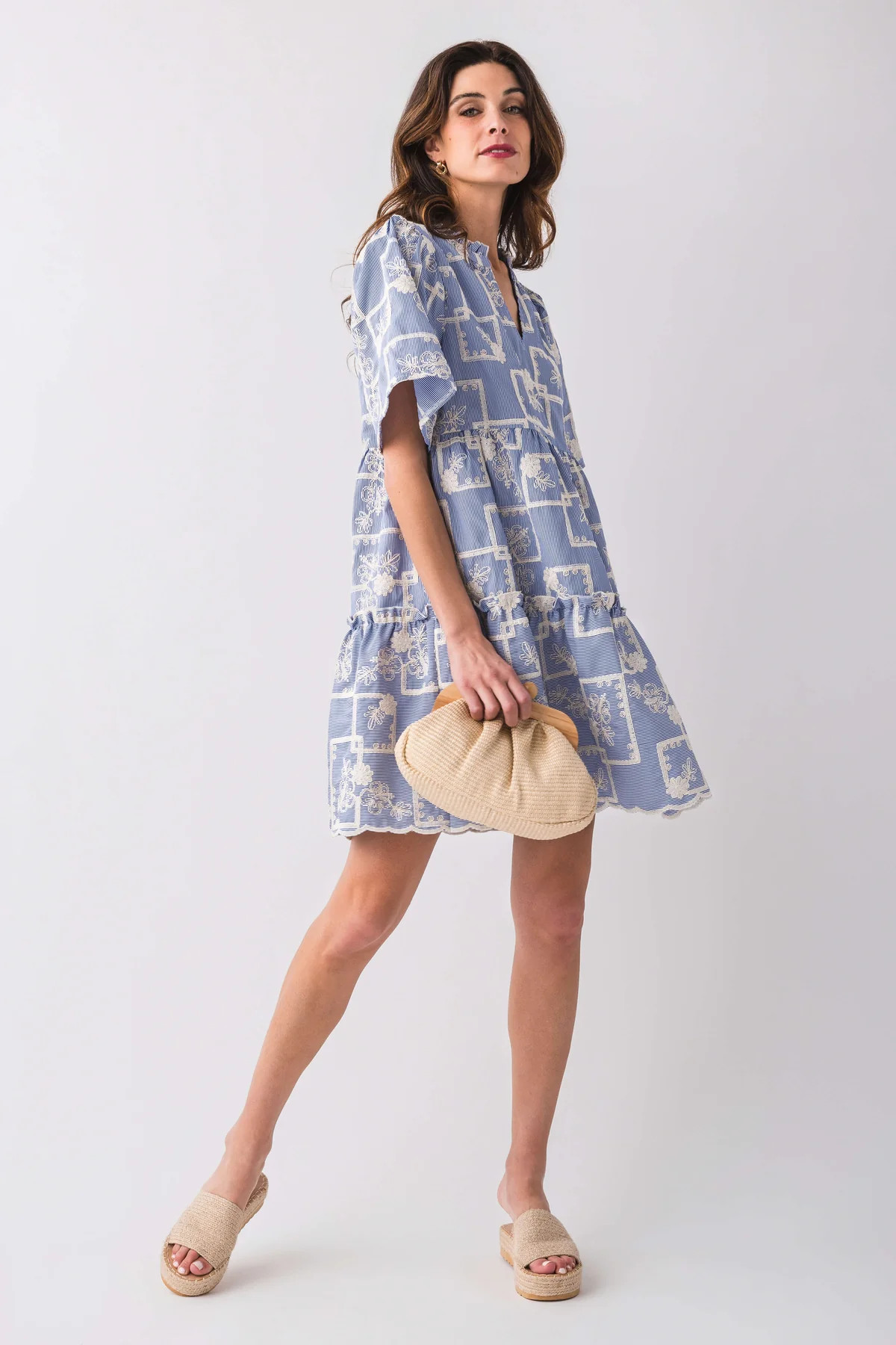 Voy Tiffany Striped Cotton Floral Embroidered Dress | Social Threads