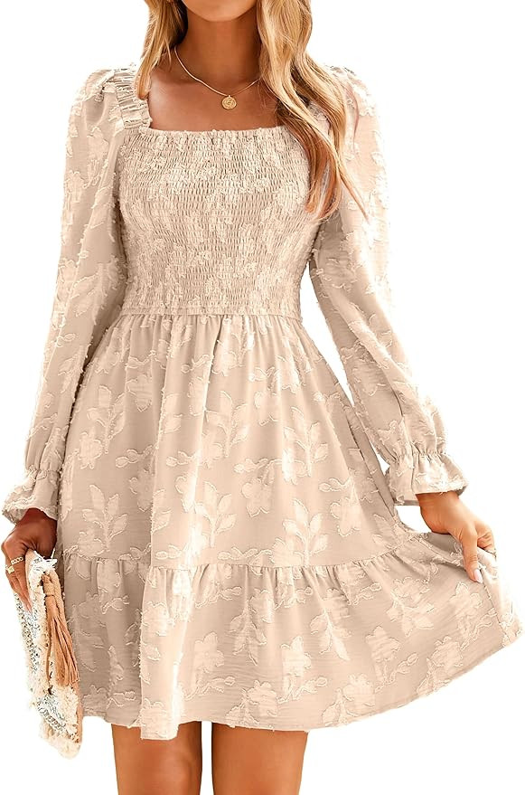 BerryGo Women's Square Neck Fall Long Sleeve Mini Dress Smocked Swing Ruffle Wedding Guest Dress | Amazon (US)