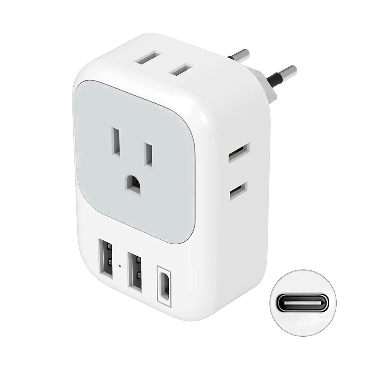 Type C US to EU Travel Plug Adapter with 4 AC Outlets & 3 USB Ports (Incl. USB-C), White | Walmart (US)