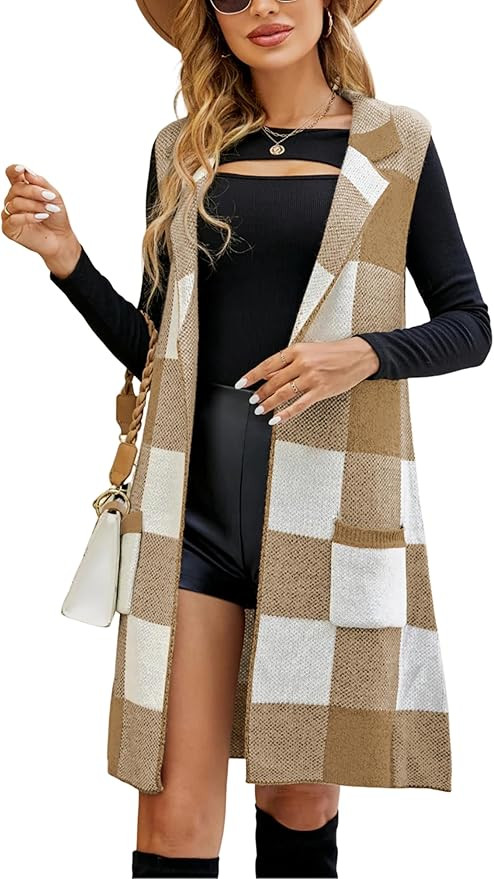 UANEO Womens Sleeveless Cardigans Long Plaid Sweater Vest Knitted Open Front Jackets with Pockets | Amazon (US)