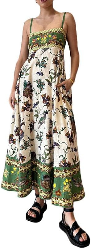 NUFIWI Women Boho Graffiti Cami Long Dress Graphic Spaghetti Strap Flowy Maxi Dress Square Neck C... | Amazon (US)