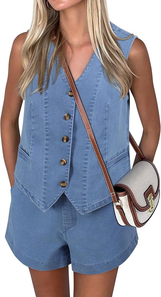 Women Denim 2 Piece Sets Denim Outfit Matching Sets Jeans Shorts Sets Sleeveless Vest Two Piece W... | Amazon (US)