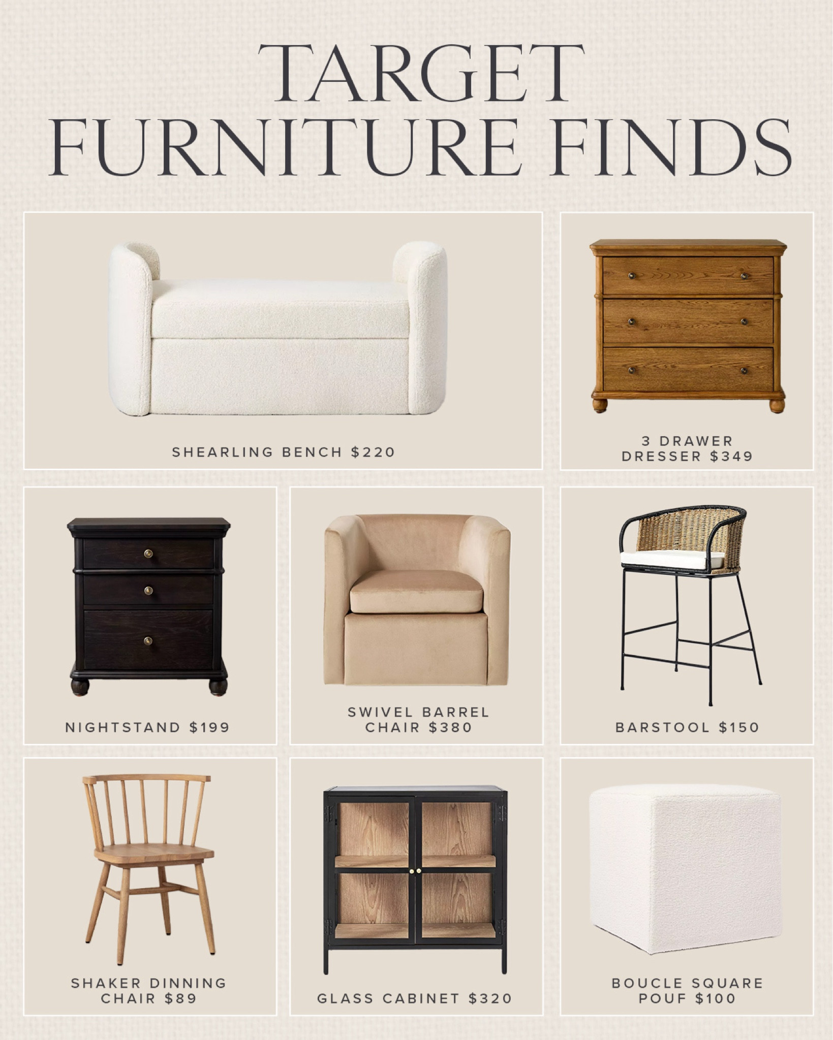 TARGET \ furniture finds I’m loving!

Bench
Accent Chair
Barstool
Dresser
Bedroom
Kitchen 

#LTKHome