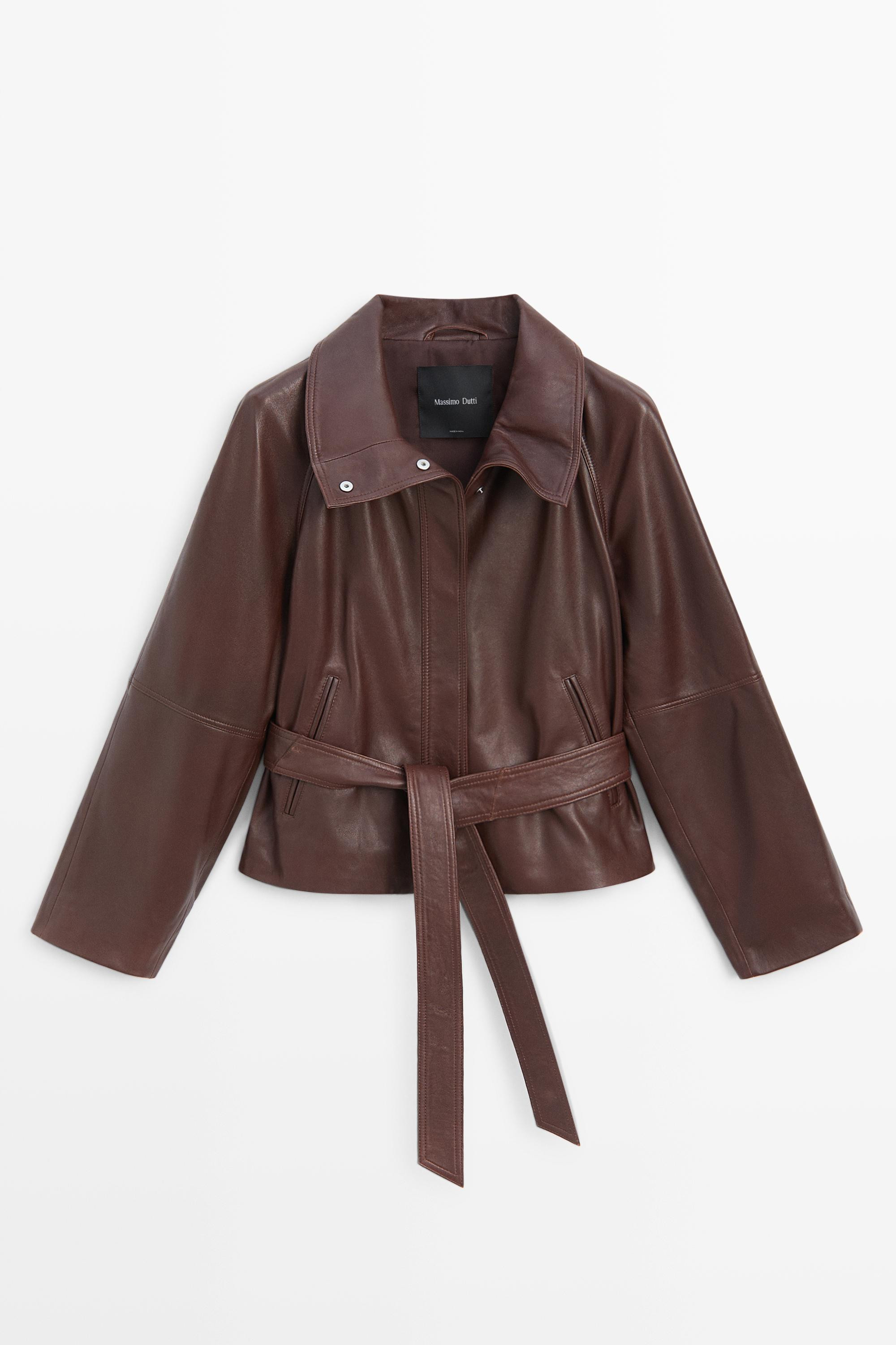 Cropped Nappa leather jacket with belt - BROWN | Massimo Dutti US