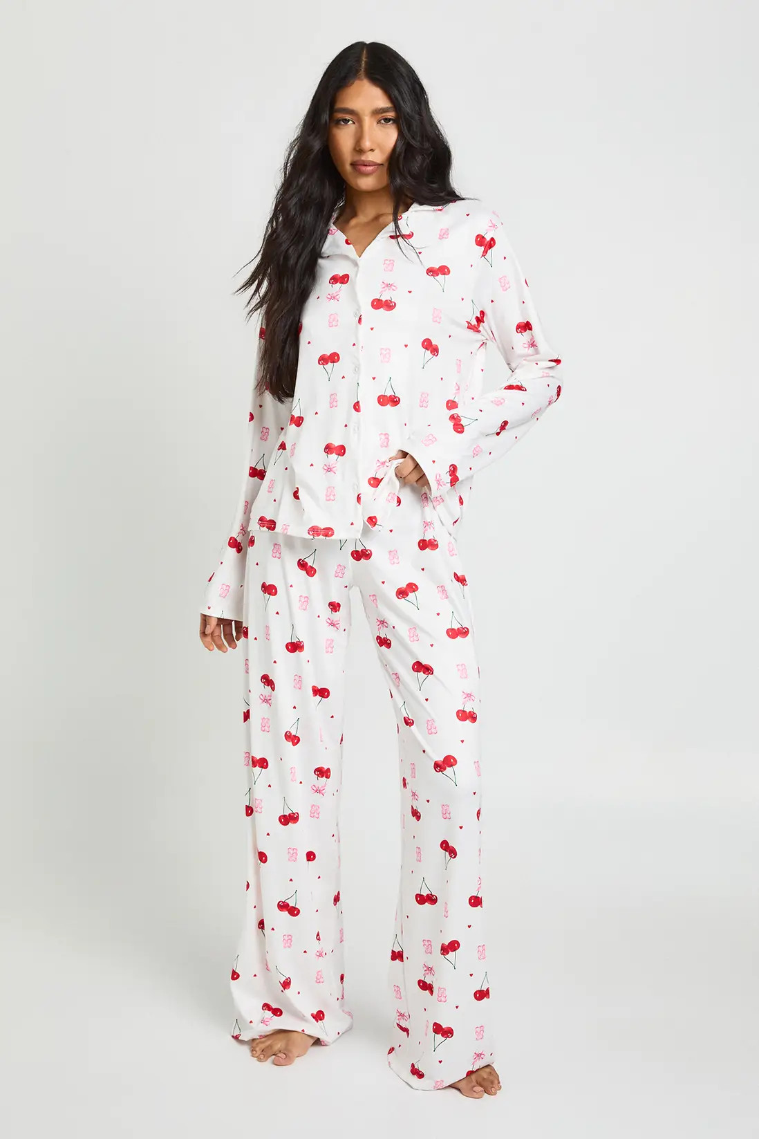 Tall Cherries & Sweets Long Sleeve Shirt & Trouser Pyjama Set | boohoo (US & Canada)