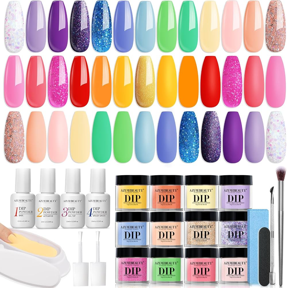 AZUREBEAUTY 31 Pcs Dip Powder Nail Kit Starter, Spring Summer 20 Colors Glitter Neon Pink Blue Gr... | Amazon (US)