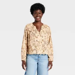 Women's Long Sleeve Scalloped V-Neck Button-Up Blouse - Universal Thread\u2122 Cream Floral S | Target