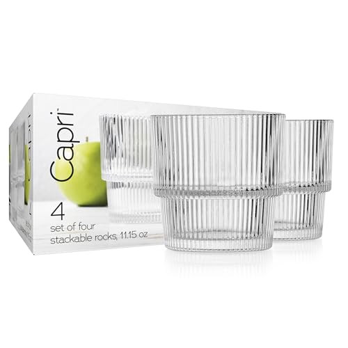 Glaver's Ribbed Drinking Glasses Set of 4, 11 oz, Rocks Whiskey Glasses Stylish Modern Vintage Short Origami Clear Water Glass Cups for Juice, Whiskey, Beverages. Stackable | Amazon (US)