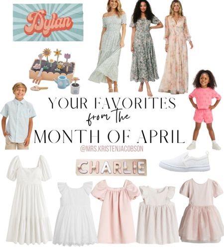 Your favorites from the month of April 🤍 wedding guest dress, women’s dresses, spring dresses, summer dresses, family picture outfits, family photo outfits, white dress, girls dress, toddler dress, boys shirt, toddler Disney outfit, kids gifts, kids toys, baby gifts, toddler shoes 

#weddingguestdress #springoutfit #springdress #summerdress #whitedress #graduationdress #familypictureoutfit #girlsdress #kidsgifts 

#LTKSeasonal #LTKkids #LTKfamily