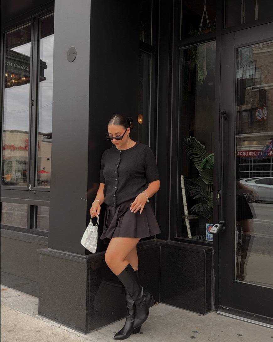 a little all black fall transitional ootd 🖤 this skirt has built in shorts & I am obsessed with the little silver buttons on the cardigan 

#LTKMidsize #LTKStyleTip #LTKFindsUnder50