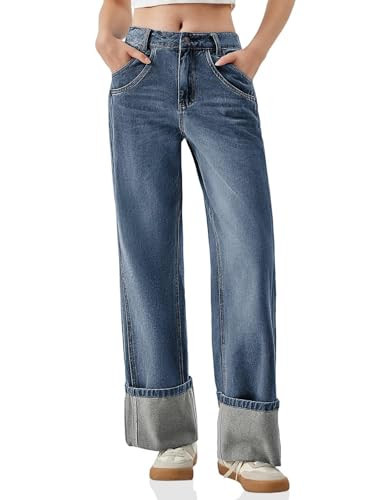 PLNOTME Womens Baggy Jeans Boyfriend Wide Leg Trendy Casual Mid Rise Cuffed Hem Denim Pants with Pockets Navy | Amazon (US)